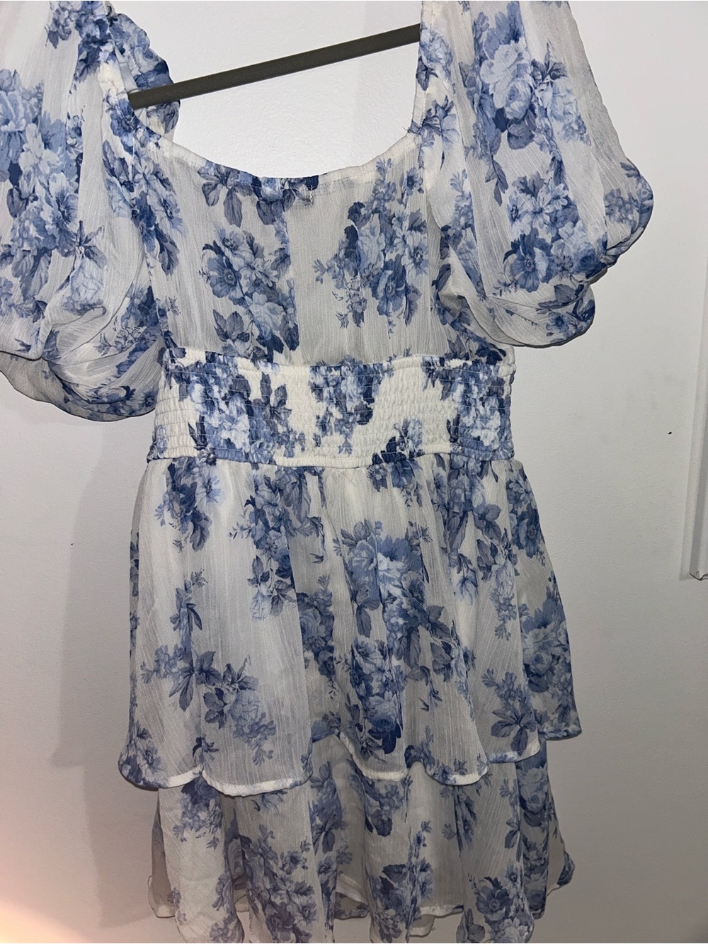 Trixxi White and Blue Floral Smocked Mini Dress
